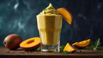 A refreshing mango smoothie topped with cream and garnished with mint, served in a glass. photo