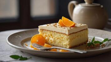 A slice of creamy cake topped with orange slices and nuts, served on a plate with a fork. photo