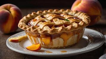 A delicious peach pie on a plate, surrounded by fresh peaches, showcasing a homemade dessert. photo