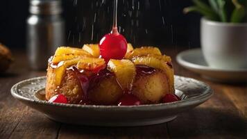 A delicious pineapple upside-down cake topped with cherries and syrup, served on a decorative plate. photo