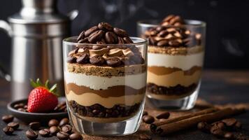 Two layered desserts with coffee, chocolate, and cream, garnished with coffee beans and a strawberry. photo