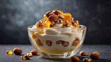 A delicious dessert featuring yogurt topped with nuts and honey in a glass bowl. photo