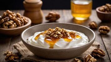 A bowl of yogurt topped with walnuts and honey, surrounded by additional walnuts and a jar of honey. photo