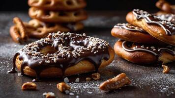 A tempting display of chocolate-covered pastries with nuts and pretzels on a dark surface. photo