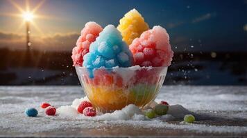 A colorful bowl of shaved ice with various flavors, set against a scenic sunset backdrop. photo