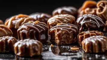 A close-up of assorted chocolate candies with a glossy finish and decorative drizzles. photo