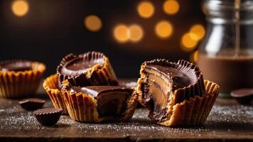 A close-up of chocolate cups filled with layers of chocolate and a jar of chocolate sauce. photo