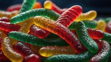 A colorful assortment of gummy worms in various vibrant colors. photo
