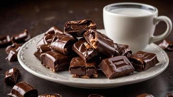 A plate of chocolate bars beside a cup of milk, inviting indulgence and enjoyment. photo