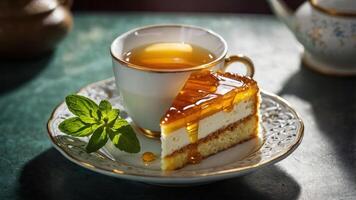 A slice of cake with honey glaze served alongside a cup of tea on an elegant plate. photo