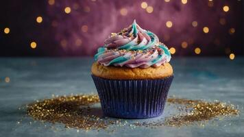 A colorful cupcake with swirled frosting and glitter, set against a bokeh background. photo