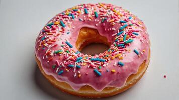 A pink frosted donut topped with colorful sprinkles on a light background. photo