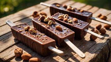 Delicious chocolate popsicles topped with nuts on a wooden surface. photo