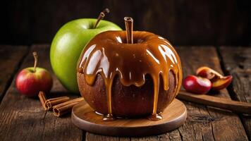 A caramel-coated apple on a wooden surface, surrounded by fresh apples and cinnamon sticks. photo
