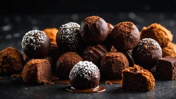 A tempting assortment of chocolate truffles arranged artfully on a dark surface. photo