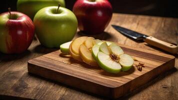 Sliced apples on a wooden board with whole apples in the background. photo