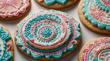 Decorative cookies with intricate icing designs in blue and pink. photo