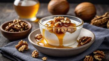 A bowl of yogurt topped with walnuts and syrup, served on a rustic table. photo
