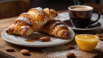 A cozy breakfast scene featuring croissants, coffee, and lemon curd on a rustic table. photo