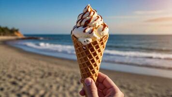 A hand holding a waffle cone with soft serve ice cream against a beach backdrop. photo