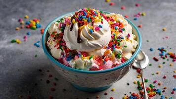 A colorful ice cream sundae topped with whipped cream, sprinkles, and chocolate syrup. photo