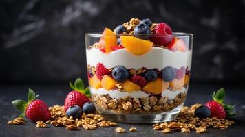 A colorful yogurt parfait layered with fruits and granola, served in a glass bowl. photo
