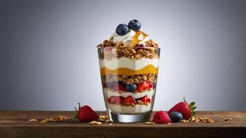A delicious layered yogurt parfait with granola, berries, and a drizzle of caramel. photo