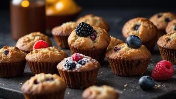 A variety of berry muffins on a dark surface, showcasing their delicious textures and colors. photo
