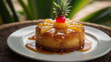 A delicious pineapple upside-down cake garnished with fruit, served on a white plate. photo