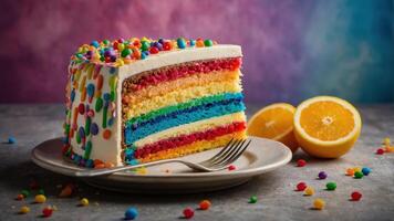 A vibrant rainbow cake with colorful layers and sprinkles, served with lemon slices. photo