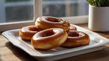 A plate of glazed donuts sitting by a window, showcasing a warm and inviting atmosphere. photo