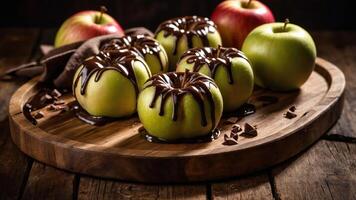 A wooden platter with green apples drizzled in chocolate, surrounded by red apples. photo