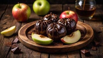 A wooden platter with chocolate-covered apples and slices, surrounded by fresh apples. photo