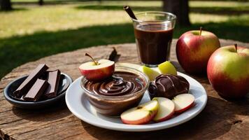 A delicious spread of chocolate dip, apples, and snacks on a wooden table in a natural setting. photo