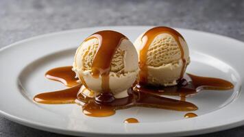 Two scoops of ice cream drizzled with caramel sauce on a white plate. photo