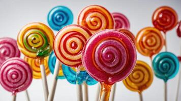 Colorful lollipops with spiral patterns arranged on sticks. photo