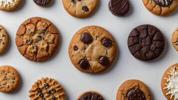 A variety of cookies arranged on a surface, showcasing different textures and flavors. photo