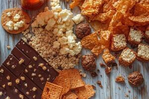 A Tempting Spread of Sweet Treats Cookies, Chocolate, and Popcorn, A Perfect Indulgence photo