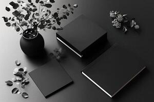 Modern Black Minimalist Mockup with Books, Vase, and Leaves photo