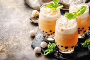 Refreshing Bubble Milk Tea with Fresh Basil Leaves and Creamy Foam photo
