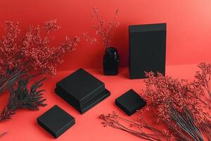 Minimalist Red and Black Gift Box Arrangement with Dried Flowers photo