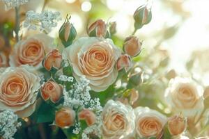 A Delicate Bouquet of Peach Roses, Bathed in Soft Sunlight photo