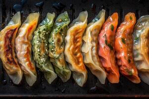 Vibrant Assortment of Multicolored Gyoza Dumplings with Gourmet Fillings photo