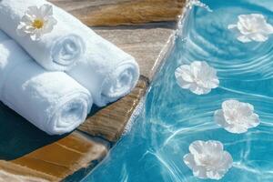 Luxurious Spa Poolside Setting with Rolled Towels and Floating Flowers photo