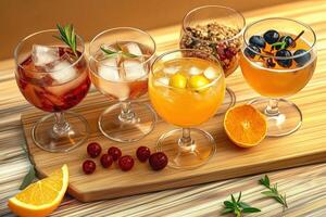 Colorful Cocktail Selection with Fresh Fruits and Herbs on Wooden Surface photo