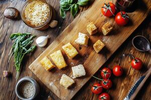 A Rustic Italian Feast Ingredients for Bruschetta, Captured in a Photo
