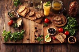 A Rustic Breakfast Spread Featuring Fresh Ingredients and Healthy Drinks photo