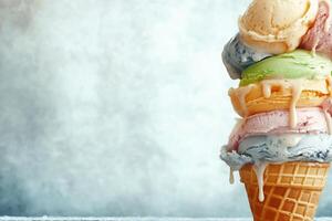 Deliciously Layered Ice Cream Cone with Vibrant Dripping Colors photo