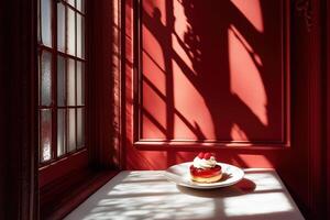 Delicate Raspberry Tart in Radiant Red Room Illuminated photo