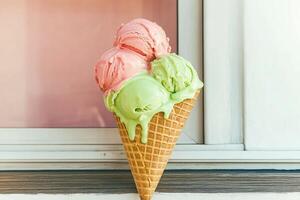 Triple Scoop Ice Cream Cone in Pastel Pink and Green photo
